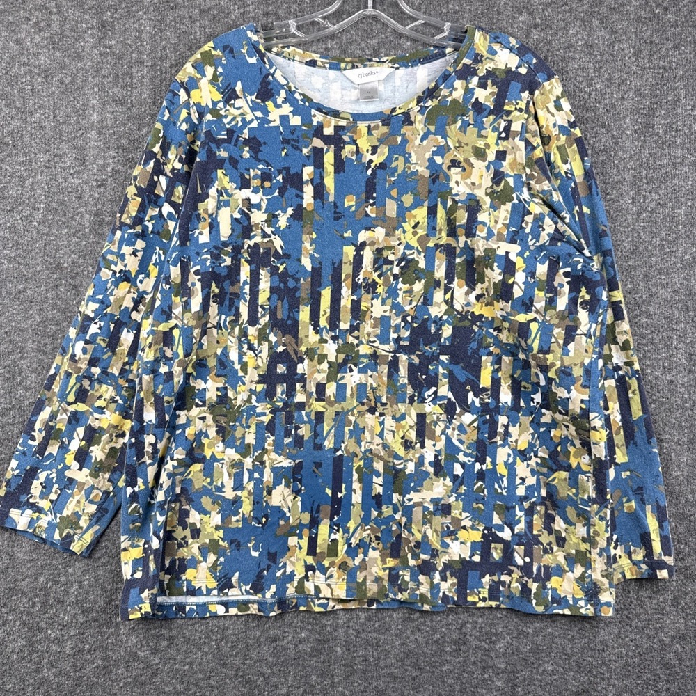 CJ Banks Top Womens 1X Blue Green‎ Abstract Floral Long Sleeve Cotton Spandex
